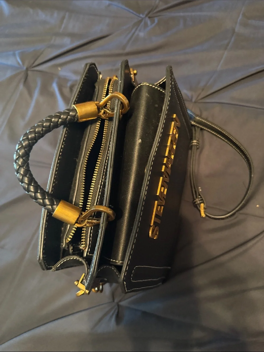 Steve Madden Black Leather Top-Handle Satchel with Gold Logo